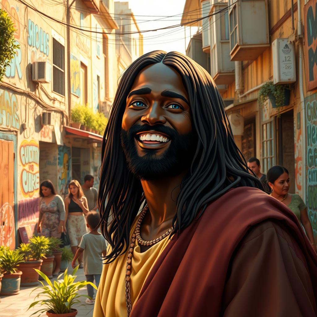 A captivating artistic representation of a black Jesus Christ with straight hair and blue eyes, smiling warmly as he stands in the lively neighborhood of Nazaré