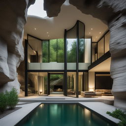 An architectural photograph of a modern glass house nestled within a dramatic cave interior adorned with Roman pillars