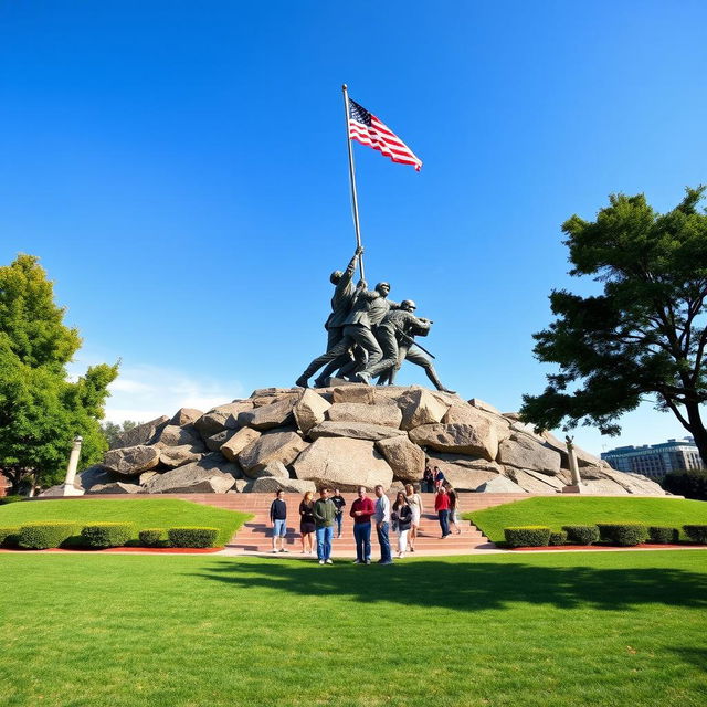 A wide-angle view of the Iwo Jima Memorial that emphasizes its monumental scale in real life