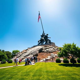 A wide-angle view of the Iwo Jima Memorial that emphasizes its monumental scale in real life