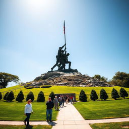 A wide-angle view of the Iwo Jima Memorial that emphasizes its monumental scale in real life