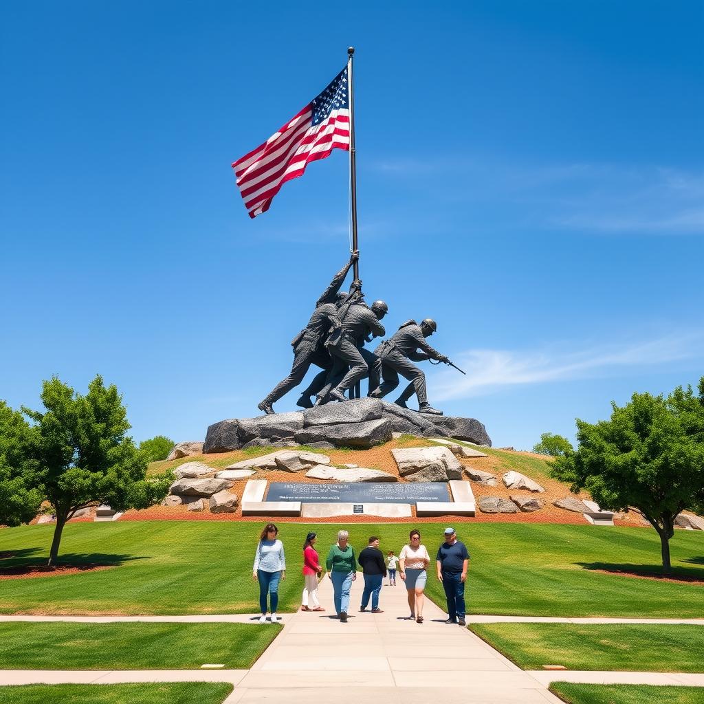 A wide-angle view of the Iwo Jima Memorial that emphasizes its monumental scale in real life
