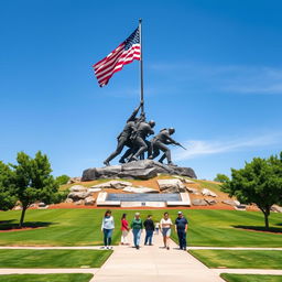 A wide-angle view of the Iwo Jima Memorial that emphasizes its monumental scale in real life