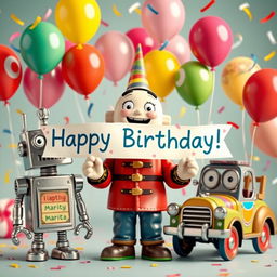 Video compilation of various animated tin characters wishing Marita a happy birthday, featuring colorful visuals, cheerful expressions, and festive decorations