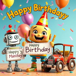 Video compilation of various animated tin characters wishing Marita a happy birthday, featuring colorful visuals, cheerful expressions, and festive decorations