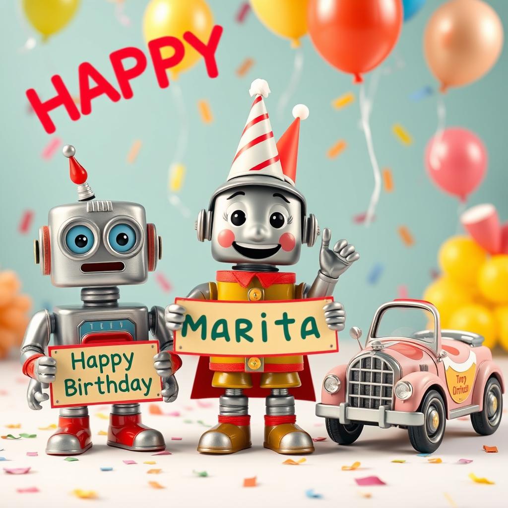 Video compilation of various animated tin characters wishing Marita a happy birthday, featuring colorful visuals, cheerful expressions, and festive decorations