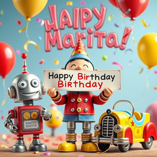 Video compilation of various animated tin characters wishing Marita a happy birthday, featuring colorful visuals, cheerful expressions, and festive decorations