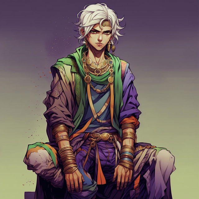 A digital art of an androgynous, grumpy character with white shoulder-length hair and green eyes