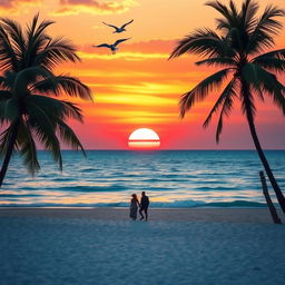A stunning sunset over a tranquil beach, where the orange and pink hues of the sky blend beautifully with the deep blue of the ocean