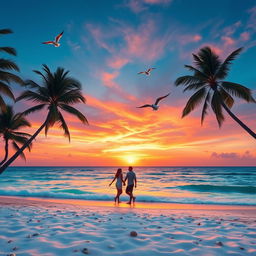 A stunning sunset over a tranquil beach, where the orange and pink hues of the sky blend beautifully with the deep blue of the ocean