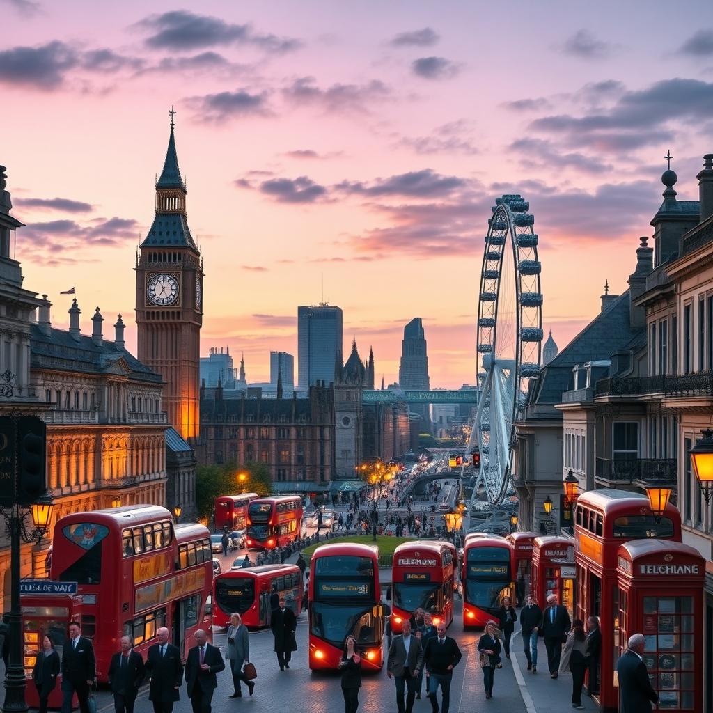 A vibrant cityscape of London, capturing the essence of the city with iconic landmarks such as Big Ben, the Tower Bridge, and the London Eye, surrounded by bustling street life with double-decker buses and people walking in stylish attire