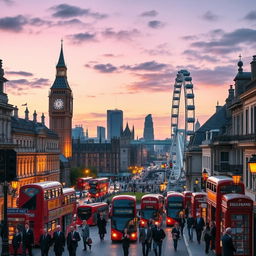 A vibrant cityscape of London, capturing the essence of the city with iconic landmarks such as Big Ben, the Tower Bridge, and the London Eye, surrounded by bustling street life with double-decker buses and people walking in stylish attire