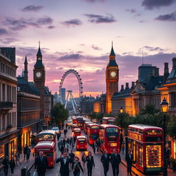 A vibrant cityscape of London, capturing the essence of the city with iconic landmarks such as Big Ben, the Tower Bridge, and the London Eye, surrounded by bustling street life with double-decker buses and people walking in stylish attire