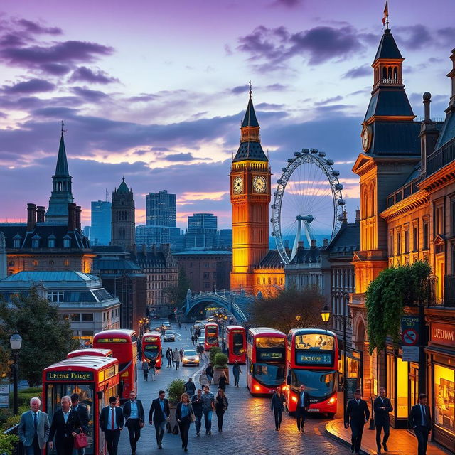 A vibrant cityscape of London, capturing the essence of the city with iconic landmarks such as Big Ben, the Tower Bridge, and the London Eye, surrounded by bustling street life with double-decker buses and people walking in stylish attire