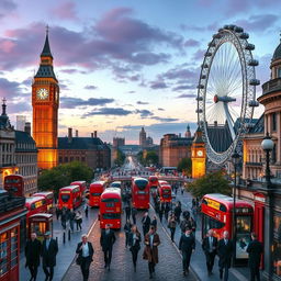 A vibrant cityscape of London, capturing the essence of the city with iconic landmarks such as Big Ben, the Tower Bridge, and the London Eye, surrounded by bustling street life with double-decker buses and people walking in stylish attire