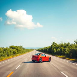 A serene and empty road stretching into the distance, with a sleek car cruising at moderate speed