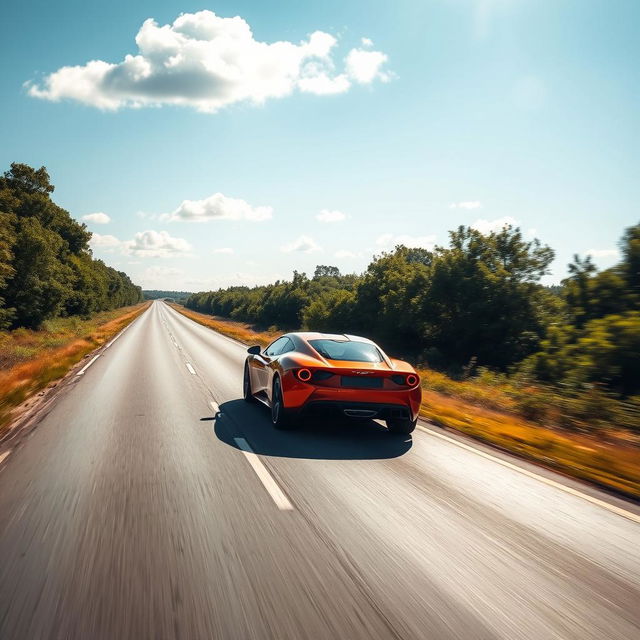 A serene and empty road stretching into the distance, with a sleek car cruising at moderate speed