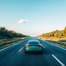 A serene and empty road stretching into the distance, with a sleek car cruising at moderate speed