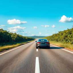 A serene and empty road stretching into the distance, with a sleek car cruising at moderate speed