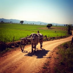 A bullock cart moving along a rustic dirt road, surrounded by lush green fields and a clear blue sky