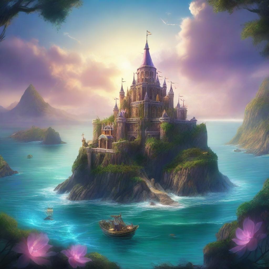 A high-quality digital art piece depicting two fantasy kingdoms located on islands near the sea