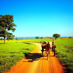 A bullock cart moving along a rustic dirt road, surrounded by lush green fields and a clear blue sky