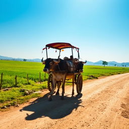 A bullock cart moving along a rustic dirt road, surrounded by lush green fields and a clear blue sky