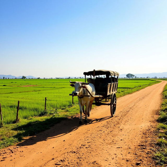 A bullock cart moving along a rustic dirt road, surrounded by lush green fields and a clear blue sky