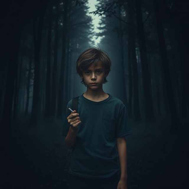 A sad boy holding a cigarette, standing in the middle of a dark, dense forest