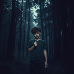 A sad boy holding a cigarette, standing in the middle of a dark, dense forest