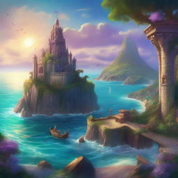 A high-quality digital art piece depicting two fantasy kingdoms located on islands near the sea