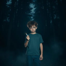 A sad boy holding a cigarette, standing in the middle of a dark, dense forest