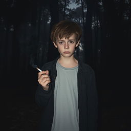 A sad boy holding a cigarette, standing in the middle of a dark, dense forest
