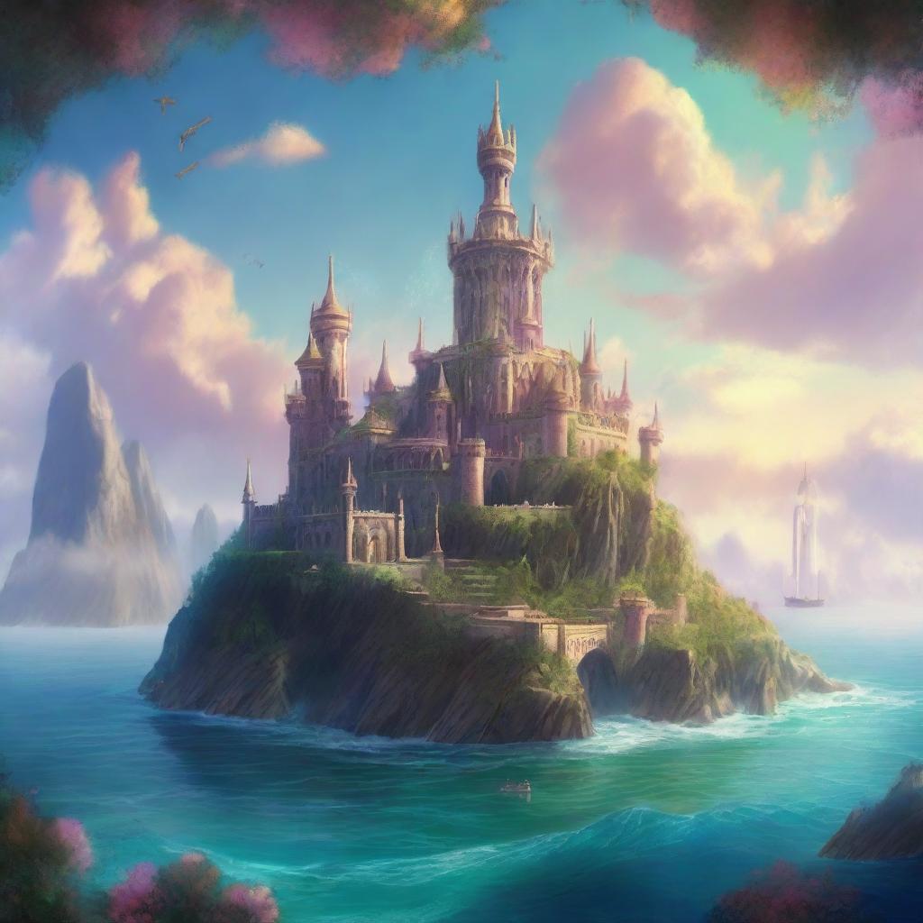 A high-quality digital art piece depicting two fantasy kingdoms located on islands near the sea