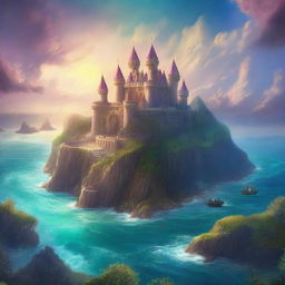 A high-quality digital art piece depicting two fantasy kingdoms located on islands near the sea