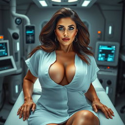 A full body image of a sexy mature woman (MILF) in a glamorous pose, dressed in a short hospital-style gown