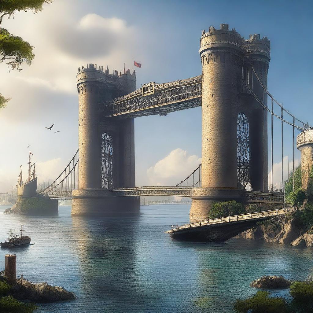 A high-resolution digital art image illustrating two kingdoms situated on an island in the sea, connected by a majestic bridge constructed of steel and metal