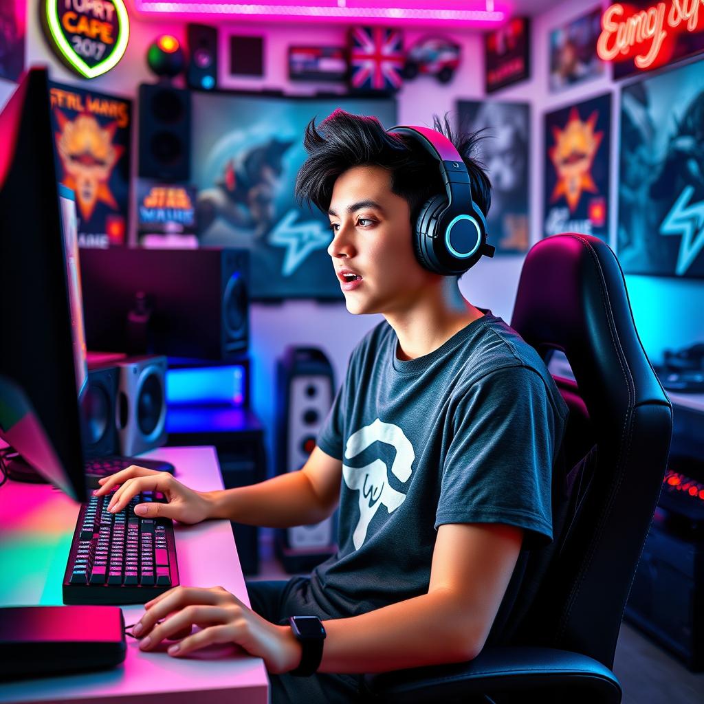 A teenage boy with stylish black hair, focused and energized, sitting at a modern gaming desk equipped with high-end gaming gear