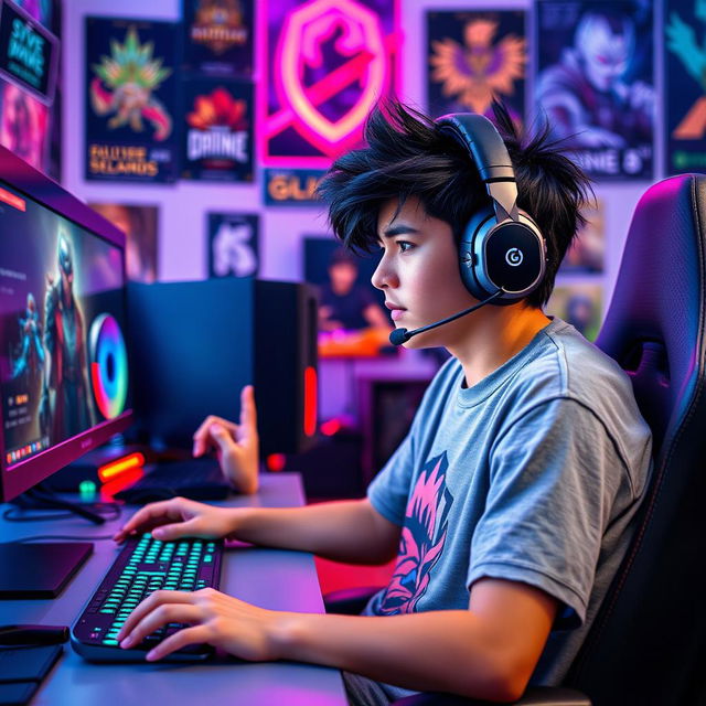 A teenage boy with stylish black hair, focused and energized, sitting at a modern gaming desk equipped with high-end gaming gear