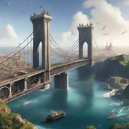 A high-resolution digital art image illustrating two kingdoms situated on an island in the sea, connected by a majestic bridge constructed of steel and metal