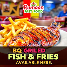 An eye-catching advertisement for "Rumaan Fast Food", prominently featuring a mouthwatering plate of BBQ grilled fish served with crispy golden fries