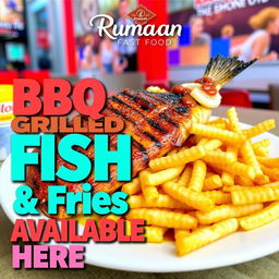 An eye-catching advertisement for "Rumaan Fast Food", prominently featuring a mouthwatering plate of BBQ grilled fish served with crispy golden fries