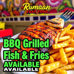 An eye-catching advertisement for "Rumaan Fast Food", prominently featuring a mouthwatering plate of BBQ grilled fish served with crispy golden fries