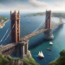 A high-resolution digital art image illustrating two kingdoms situated on an island in the sea, connected by a majestic bridge constructed of steel and metal