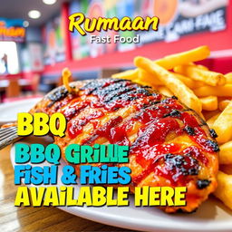 An eye-catching advertisement for "Rumaan Fast Food", prominently featuring a mouthwatering plate of BBQ grilled fish served with crispy golden fries