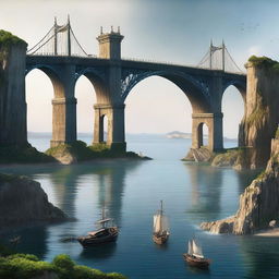 A high-resolution digital art image illustrating two kingdoms situated on an island in the sea, connected by a majestic bridge constructed of steel and metal