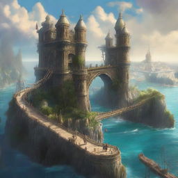 A high-quality digital art image, showcasing two kingdoms on an island surrounded by the sea