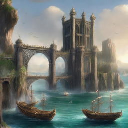 A high-quality digital art image, showcasing two kingdoms on an island surrounded by the sea