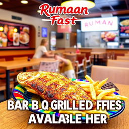 A vibrant and eye-catching menu board showcasing a delicious Bar B Q Grilled Fish dish accompanied by crispy fries