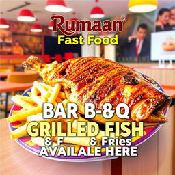 A vibrant and eye-catching menu board showcasing a delicious Bar B Q Grilled Fish dish accompanied by crispy fries